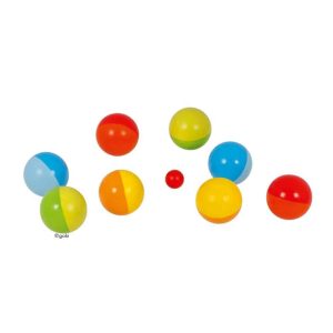 Buntes Boule-Spiel aus Holz im Baumwollbeutel